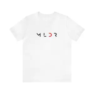 White T-shirt with abstract black-red design.