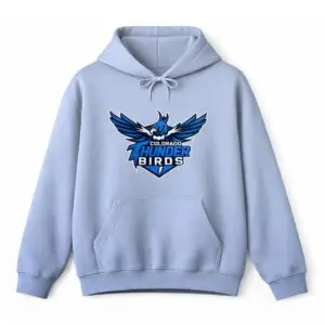 Light Blue hoodie with Colorado Thunderbirds Major League Drone Racing team logo.