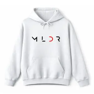 White hoodie with minimalist black and red design.