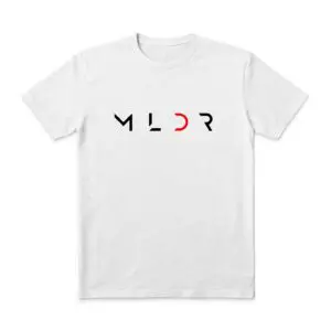 White t-shirt with abstract black-red design.