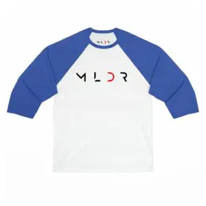 White and blue raglan shirt with logo.