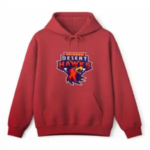 Red hoodie with Arizona Desert Hawks Major League Drone Racing team logo.