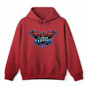 Red hoodie with Florida Raptors Major League Drone Racing team logo.