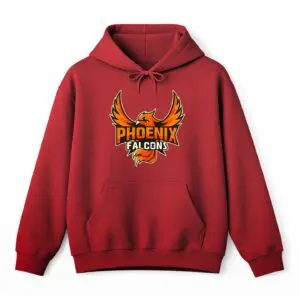 Red hoodie with Phoenix Falcons Major League Drone Racing team logo.
