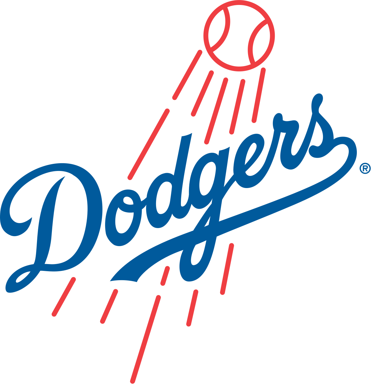 A baseball logo with the word dodgers written in blue.