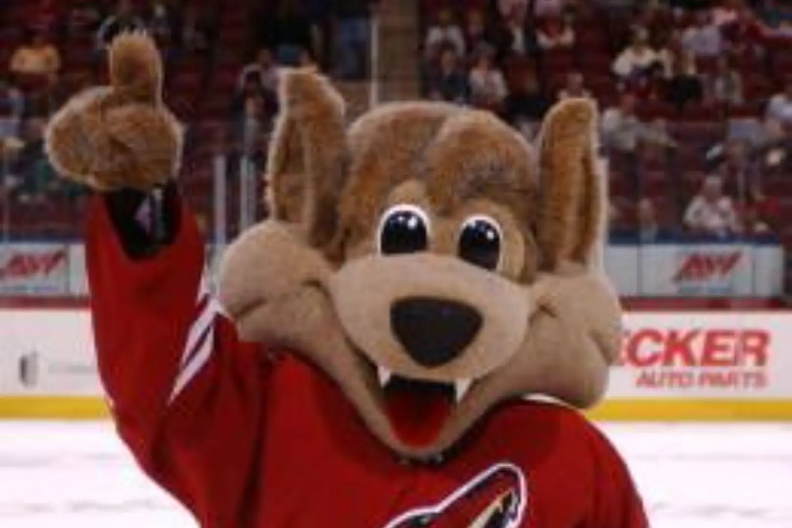 A mascot is wearing a red jersey and smiling.