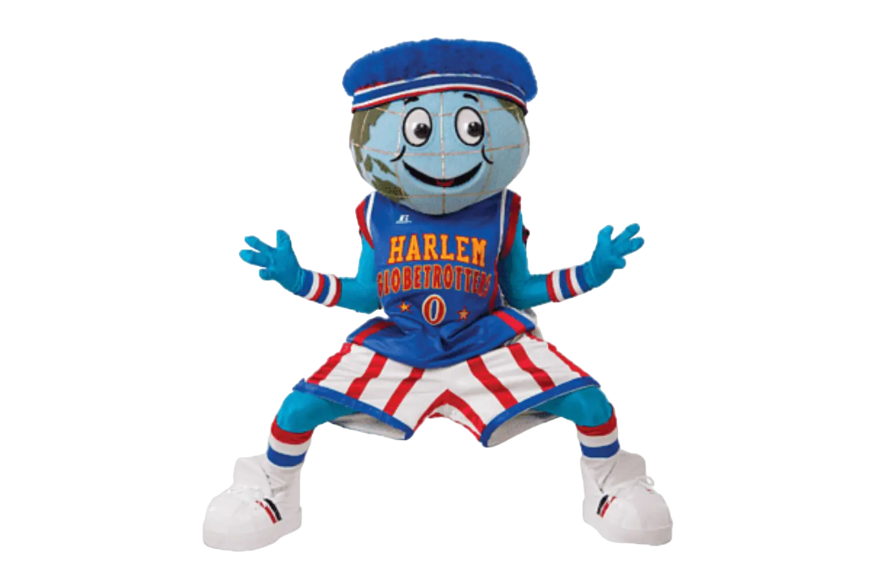 A blue mascot with a hat and shorts.