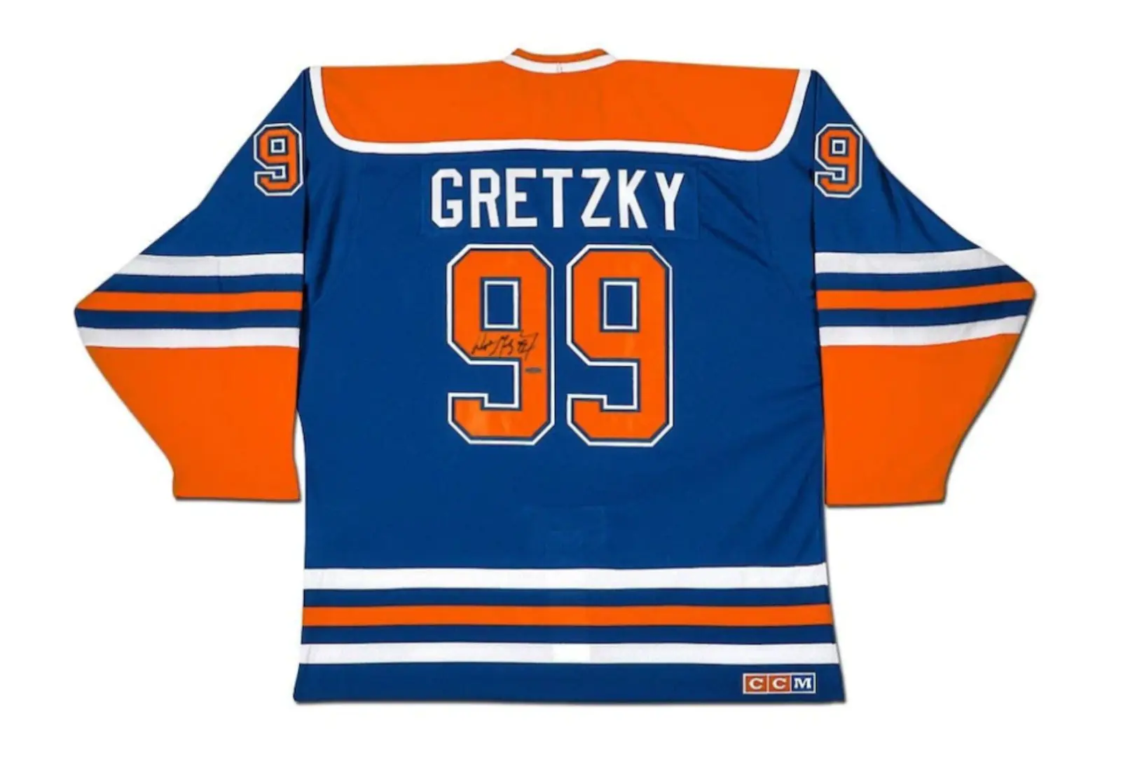 A blue and orange hockey jersey with the number 9 9.