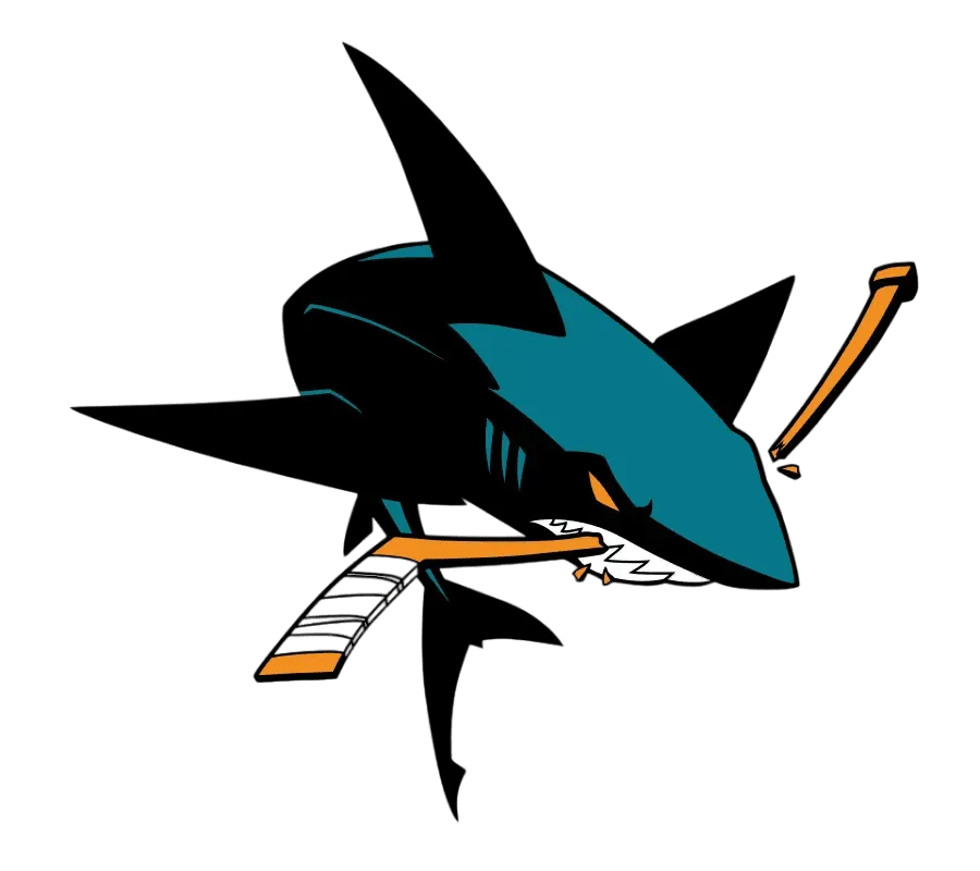 Stylized shark logo on a black background.